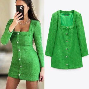 ZARA NWT Textured Weave Shoulder Pad Dress Green S